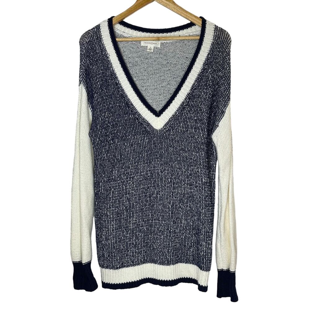 TREASURE & BOND Navy White Freshman Sweater Vneck knit cotton blend womans M GUC